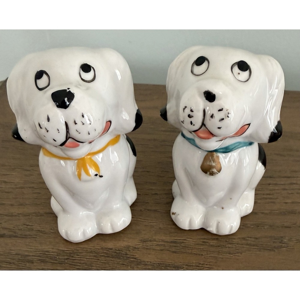 Vintage 1950s Dog Salt Pepper Shakers Ceramic Japan Style Mid Century Cute Pair